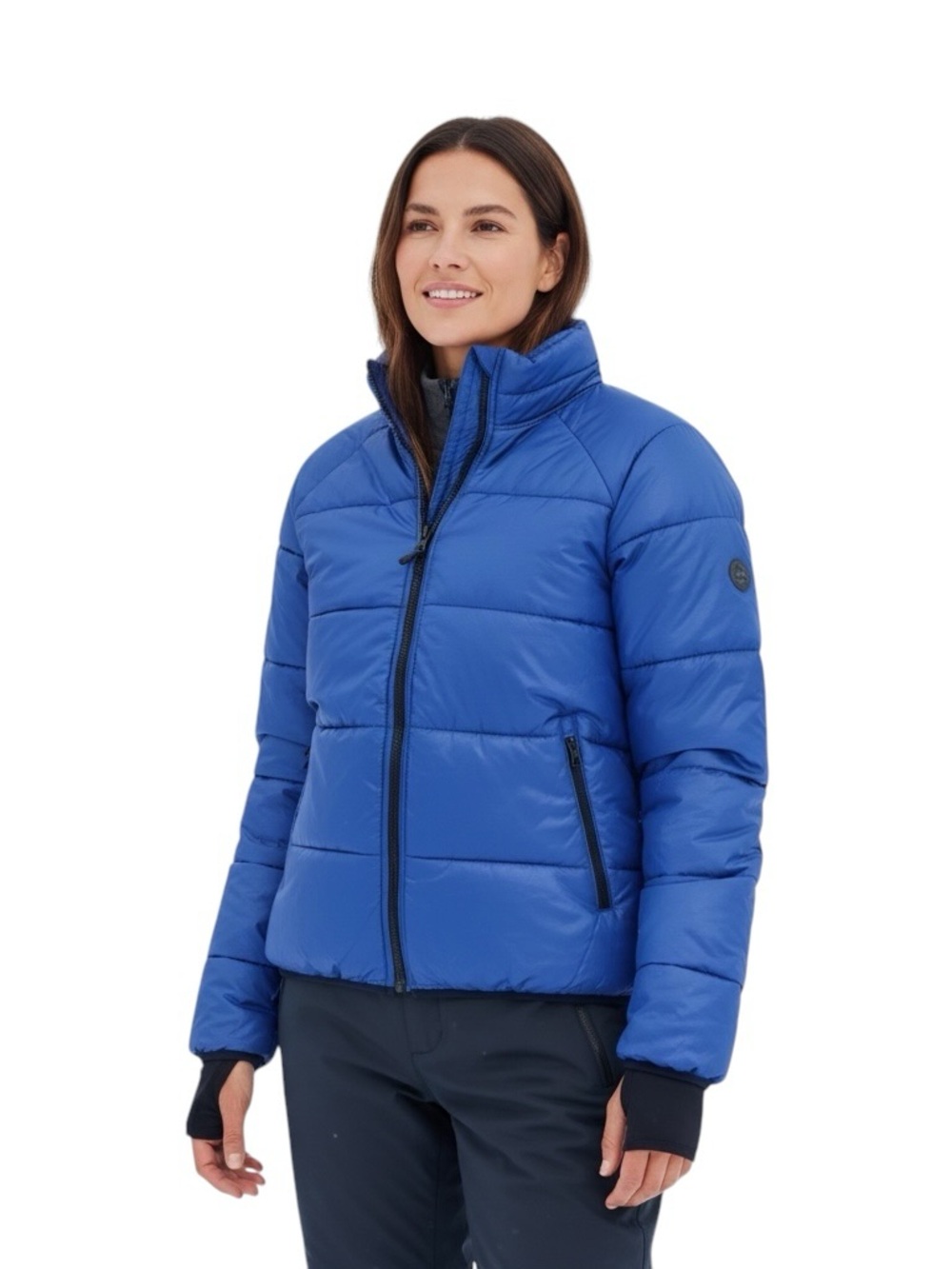 Patagonia Patched Blue Down Puffer Coat Jacket Full Zip Insulated Women L FLAWED